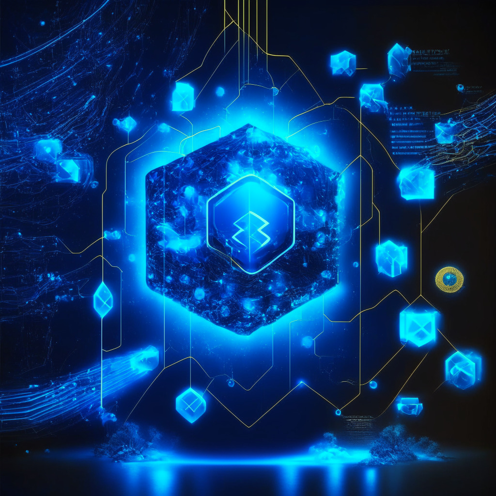 Futuristic blockchain ecosystem, Layer-2 solution reveal, bright spotlight with electric blue glow, hint of pressure, contrasting legal difficulties, Binance & BNB intertwining, sophisticated art style, fast finality & security visualized, dynamic digital transaction, mood of anticipation and uncertainty.