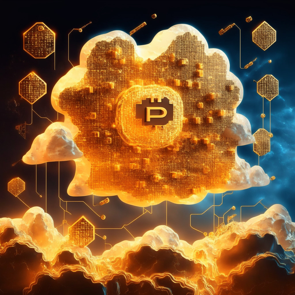 Cryptocurrency exchange launching cloud mining service, intricate blockchain pattern, warm golden glow, dynamic transaction connections, a miner's pickaxe subtly present, exclusion zone representing US restrictions, futuristic style, hopeful mood with undercurrents of regulatory uncertainty.