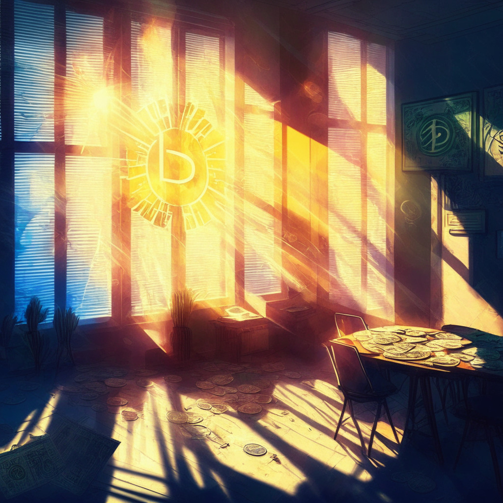 Cryptocurrency exchange deregistration, balance between regulation and decentralization, sunlight streaming through blinds, shadowy office ambiance, colorful digital currency symbols, tense negotiation mood, creative blend of realism and impressionism.
