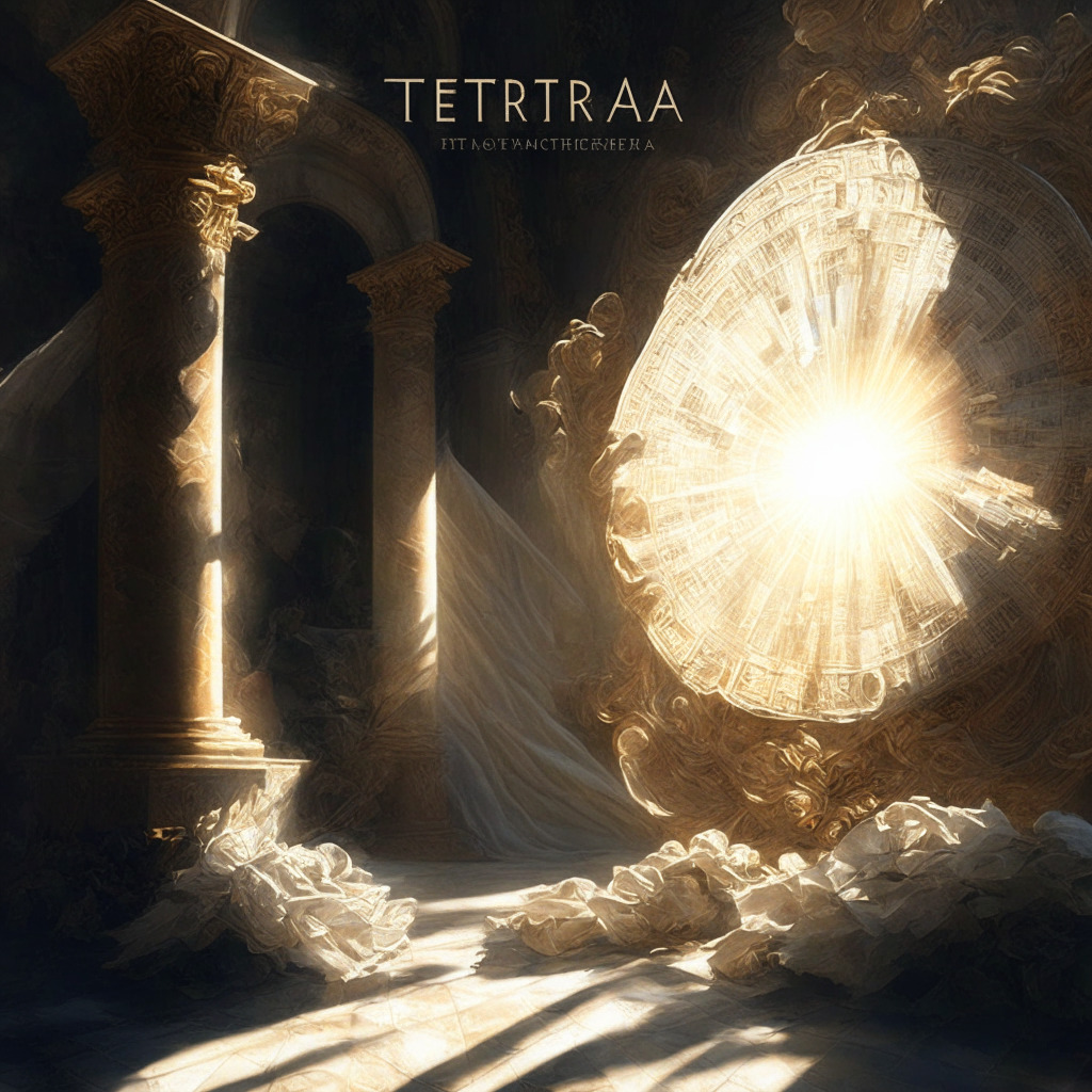 Cryptocurrency exchange delisting event, Terra Classic impacted, somber mood, baroque art style, soft rays of morning light, diminishing trading volume, contrast of risk mitigation and potential growth, intricate weave of protective measures, glimmer of hope as Terra Classic upgrades in June, delicate balance of power and vulnerability, do your research.