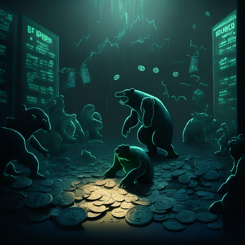Cryptocurrency exchange delists PEPE, dark trading room with financial charts, unstable coin surrounded by bear and whale figures, blurry artistic representation of a market crash, ominous lighting casting shadow, mood of uncertainty and volatility, broken coin symbolizing delisted asset.