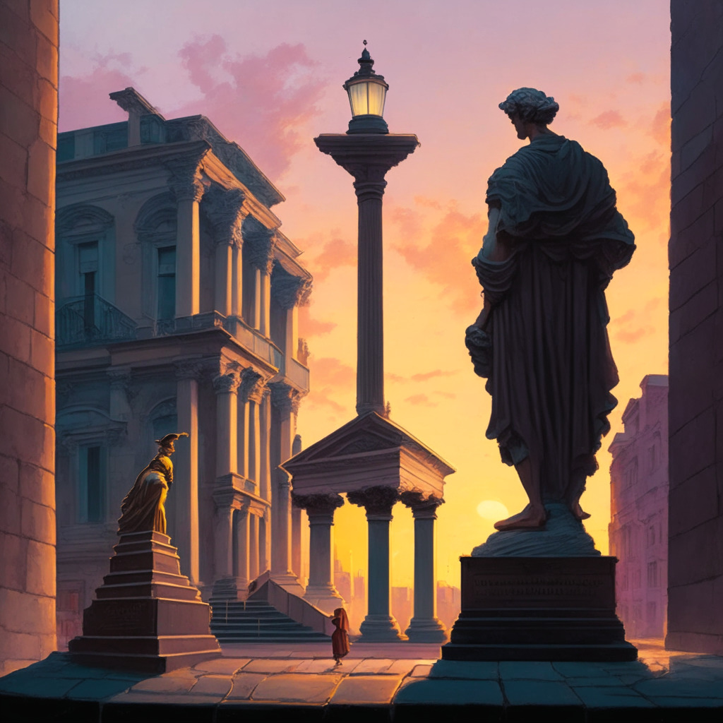 Sunset over a European cityscape, neoclassical style, soft pastel hues, shadows cast on cobblestone streets, a figure holding a balance scale, one side with a locked vault for privacy, the other with legal gavel for regulation, tension in the expression, somber mood, underlying optimism.