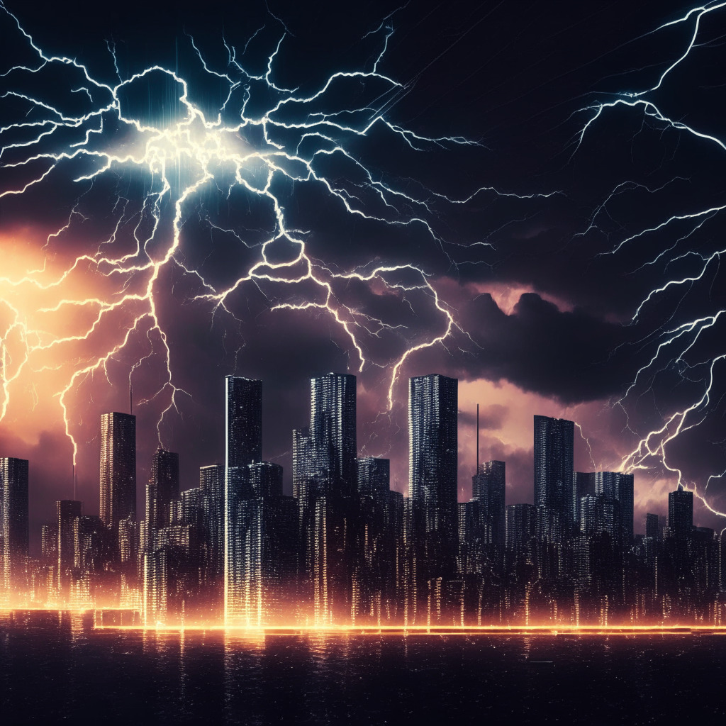 Cryptocurrency exchange integrating Lightning Network, digital city skyline, warm sunset tones, fast-moving data streams, futuristic style, off-chain transactions represented by miniature lightning bolts, sense of scalability and efficiency, moody and dramatic atmosphere, centralization concern shown as shadowy skyscrapers merging.