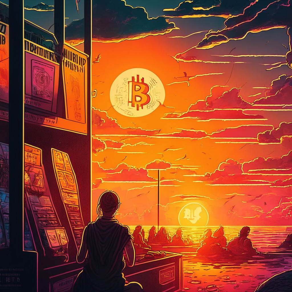 Cryptocurrency exchange at sunset, Bitcoin NFTs displayed, diverse lineup of collections, artistic style: intense colors & bold linework, light setting: warm & golden, mood: innovative yet controversial, legal challenges looming, excitement & uncertainty in the air, potential risks & opportunities.