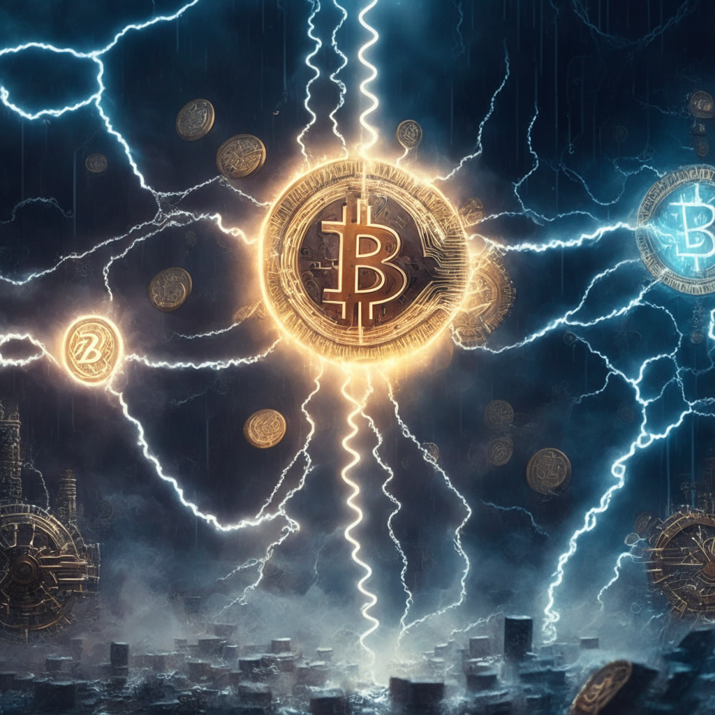 Enigmatic lightning bolts converging on Bitcoin, mystic fog around a digital network, floating gleaming coins, steampunk gears turning rapidly, soft warm glow illuminating the scene, pulsating energy surging through intricate connections, mood evoking balance of centralization and decentralization.