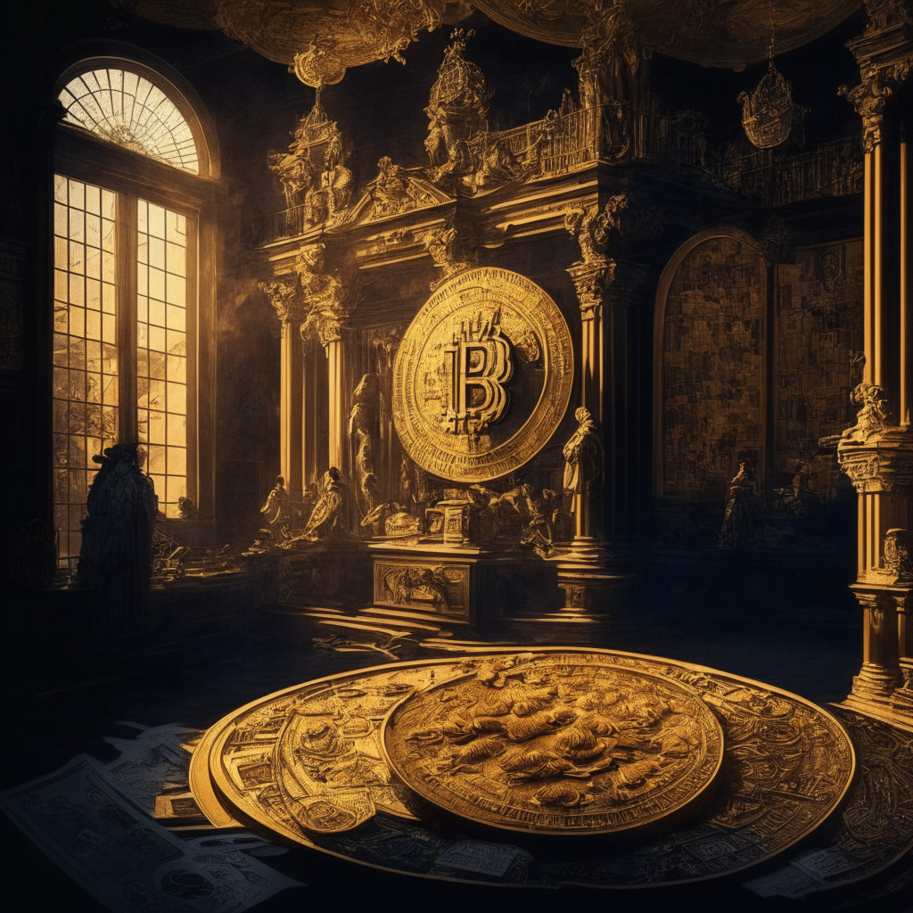 Cryptocurrency exchange leaves Dutch market, intricate Baroque-style artwork, evening light casting soft shadows, balance of regulation and growth, somber mood, Netherlands map with crypto coins, Binance platform fading away, traders and regulators pondering future, golden scales tipped towards compliance.