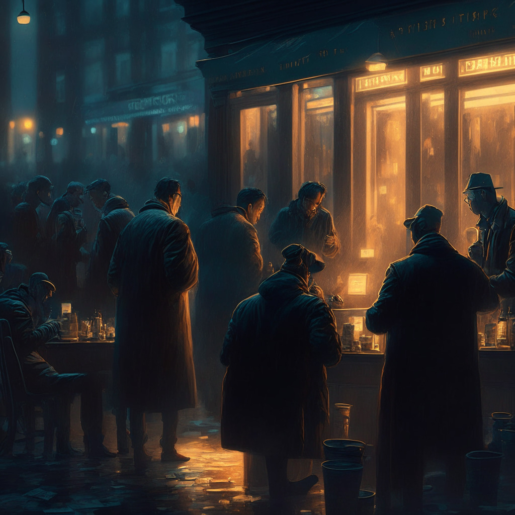 Intricate crypto exchange scene, dusk lighting, blend of realism and impressionism, tense mood. Scene displays expansion of zero-fee trading to all TUSD pairs, stablecoin spotlight, looming legal challenges & regulatory scrutiny, and uncertain future.