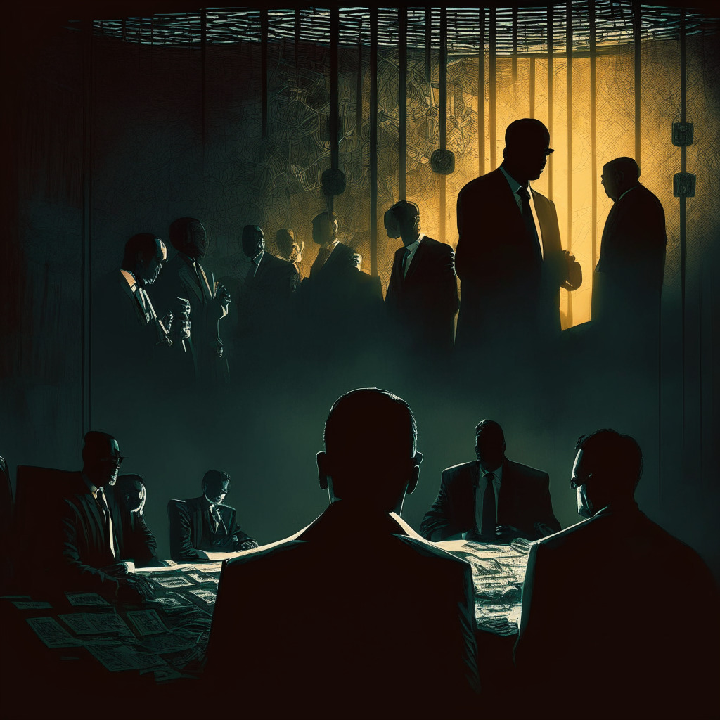 Cryptocurrency controversy scene, dark shadowy atmosphere, spotlight on a troubled CEO, contrasting bright and dark areas, tangled web of accusations and regulations, worried and cautious investors, balance of innovation and legal oversight, somber mood, chiaroscuro lighting, modern art style.
