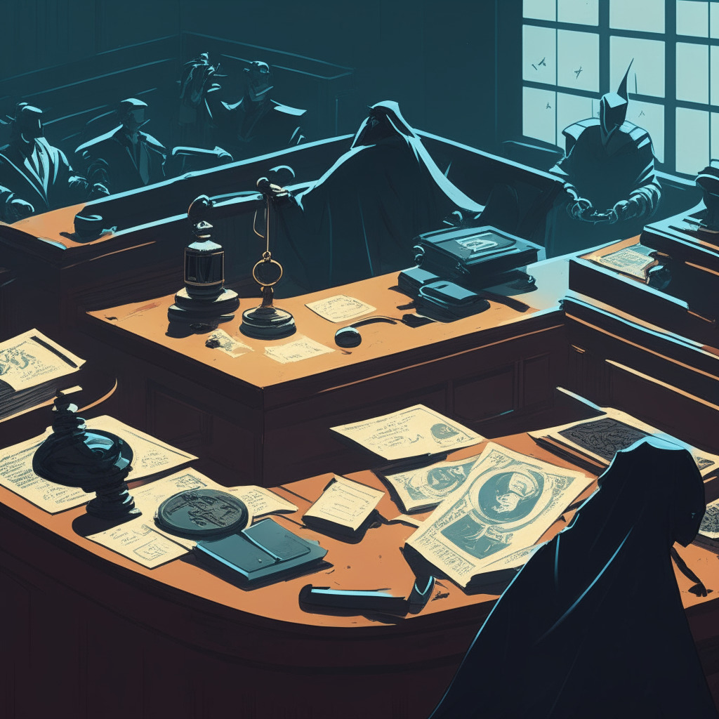 Lawsuit courtroom scene with gavel, legal documents, and scales of justice, contrasting dark shadows and bright highlights, enveloped in a tense atmosphere. Depict stolen cryptocurrencies (BTC & ETH symbol), masked thief, and an anonymous exchange platform, subtly hinting at cybersecurity and regulation issues. Mood: Intense, dramatic and thought-provoking.