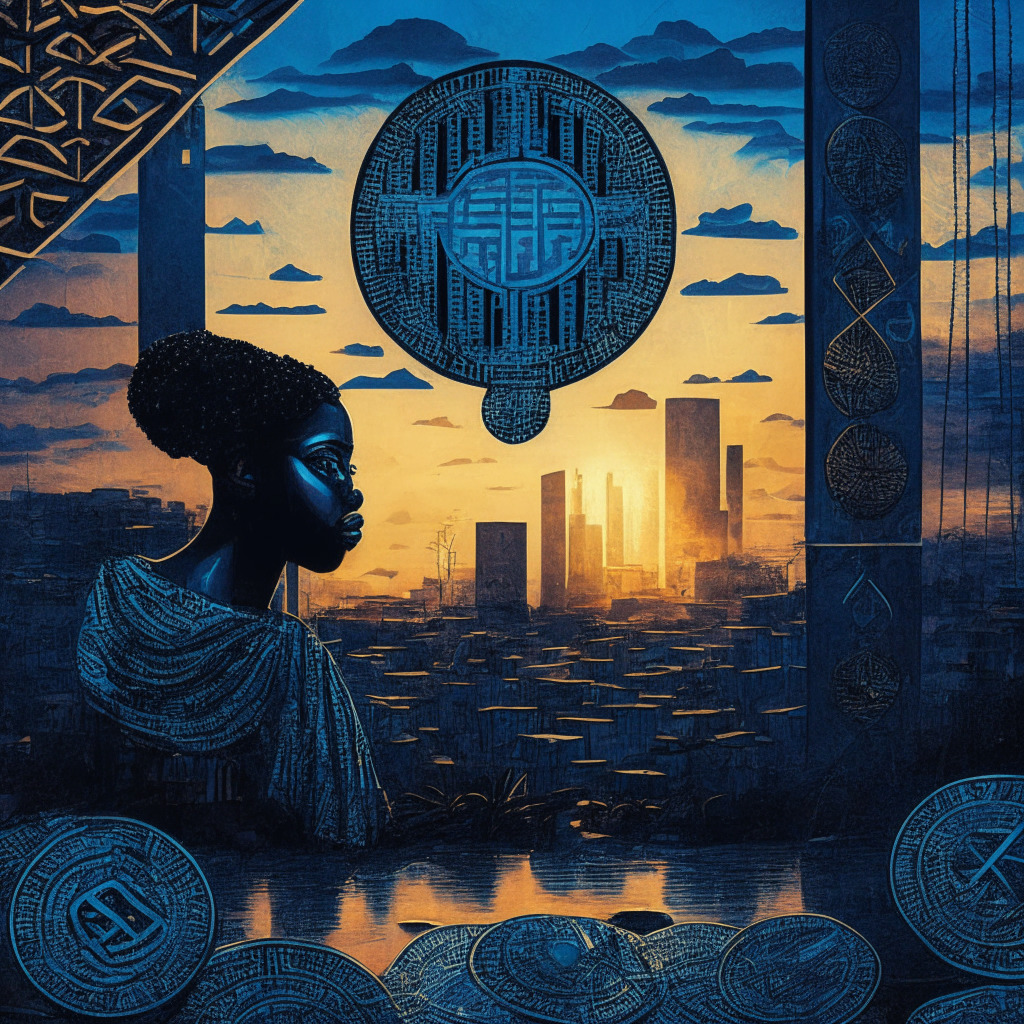 Cryptocurrency exchange legal woes, Nigeria's market impact, blue-hued gloomy scene, intricate African patterns, dusk light, a mix of geometric crypto symbols & traditional art, depictions of growth & potential constraints, hint of hope with rising sun in the background, mood of uncertainty.