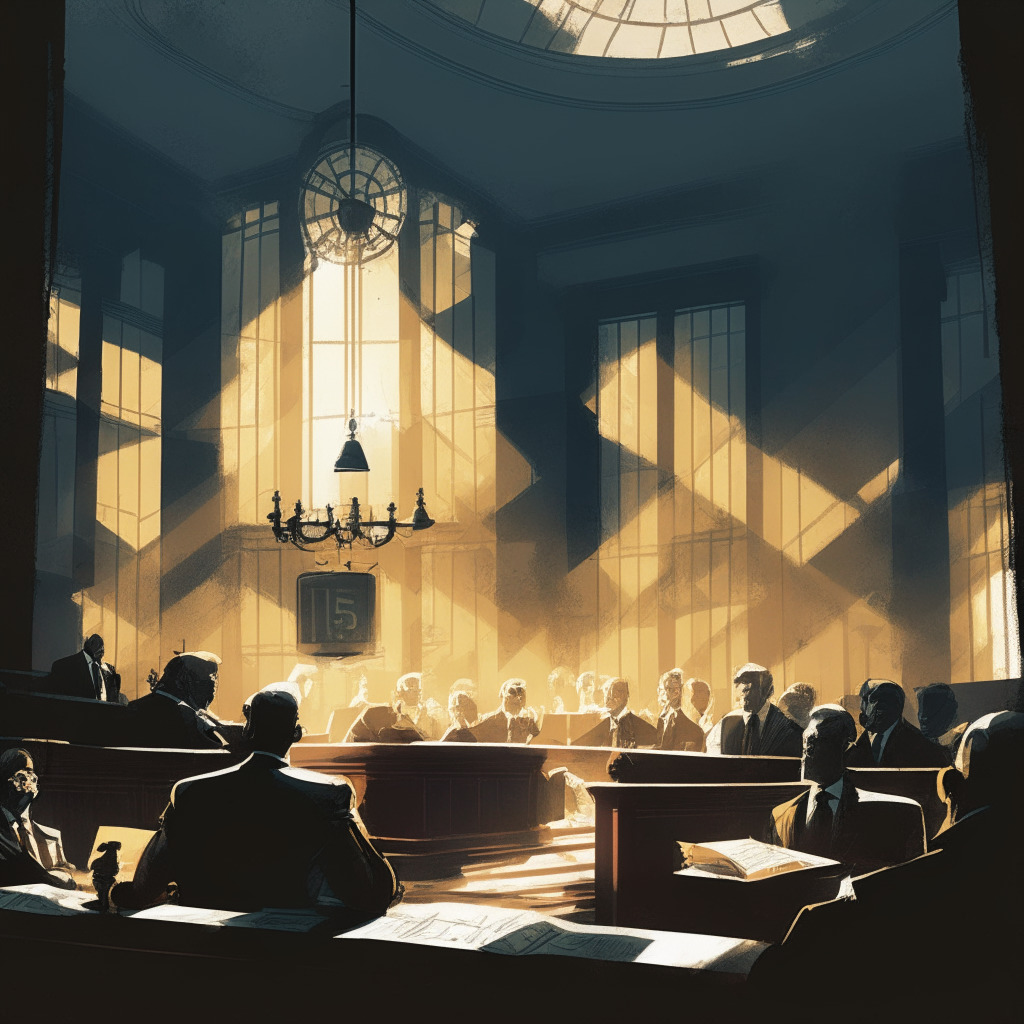 Intricate courtroom scene, light streaming through windows, tense atmosphere, contrasting shadows and highlights, expressionist style, focus on perplexed CEO defending against SEC allegations, background of regulatory figures seeking transparency, subtle hints of optimism, blending crypto symbols with traditional financial imagery, neutral mood with undertones of uncertainty.