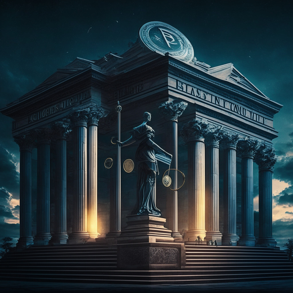Intricate courthouse exterior, Crypto exchange CEO standing trial, SEC symbol, balance scale representing innovation & compliance, twilight sky, chiaroscuro lighting, surrealism, somber mood, tension between financial revolution & regulatory scrutiny.