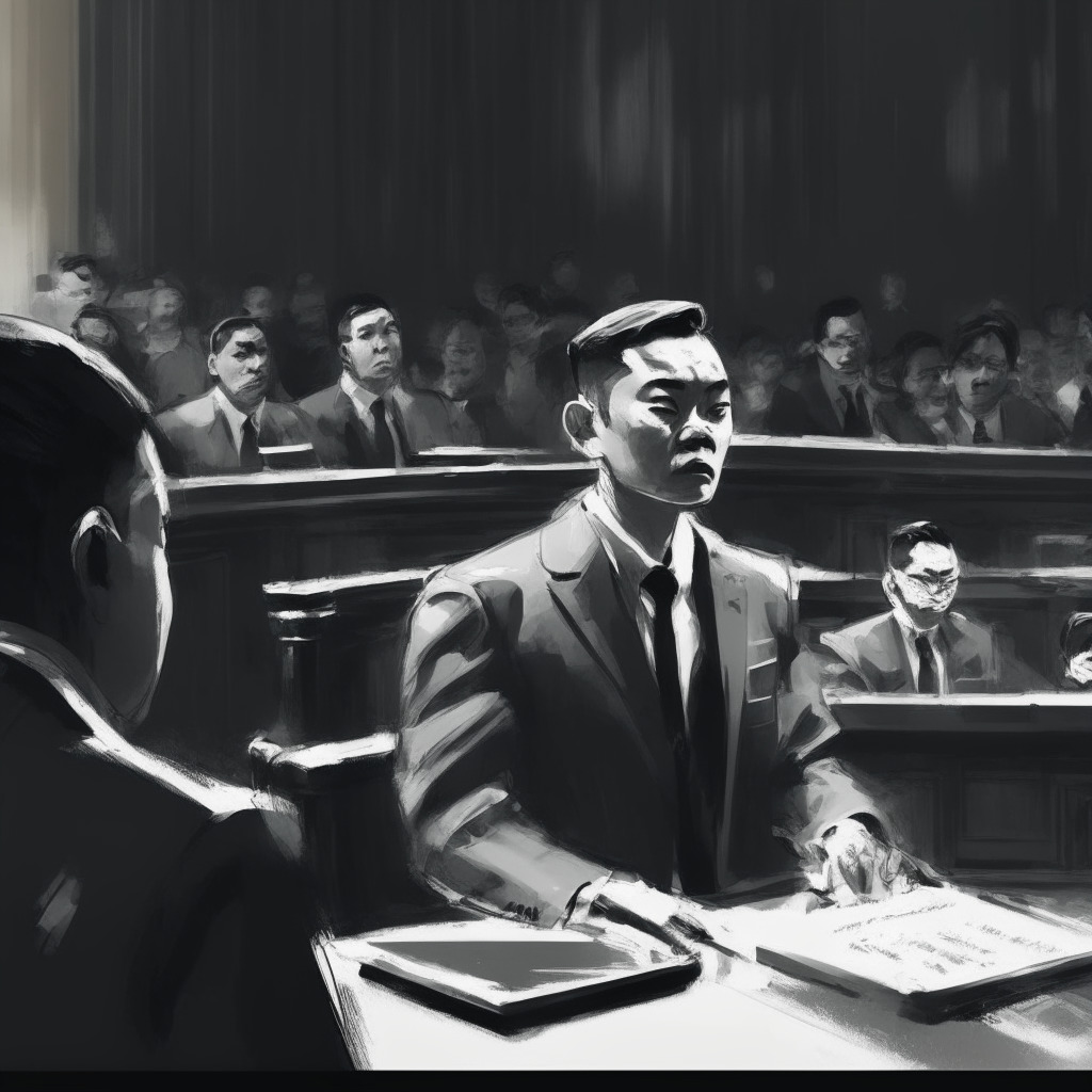Intricate courtroom scene, opposing lawyers, abstract regulatory imagery, Binance CEO Changpeng Zhao confidently addressing the judge, soft warm lighting, intense yet balanced composition, subtle grayscale color palette, dynamic tension representing the conflict between Binance & SEC, overall mood of high-stakes legal drama.