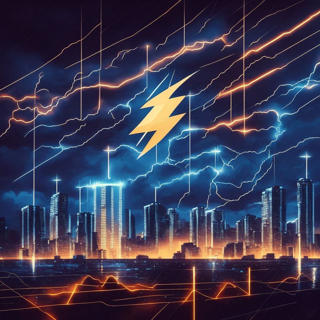Cryptocurrency exchange with Lightning Network, artistic bitcoin symbol, speed lines, calming twilight background, warm lighting, balanced transaction scales, futuristic city skyline, subtle hints of optimism & caution, abstract representation of faster settlements & scalability, no brand names.