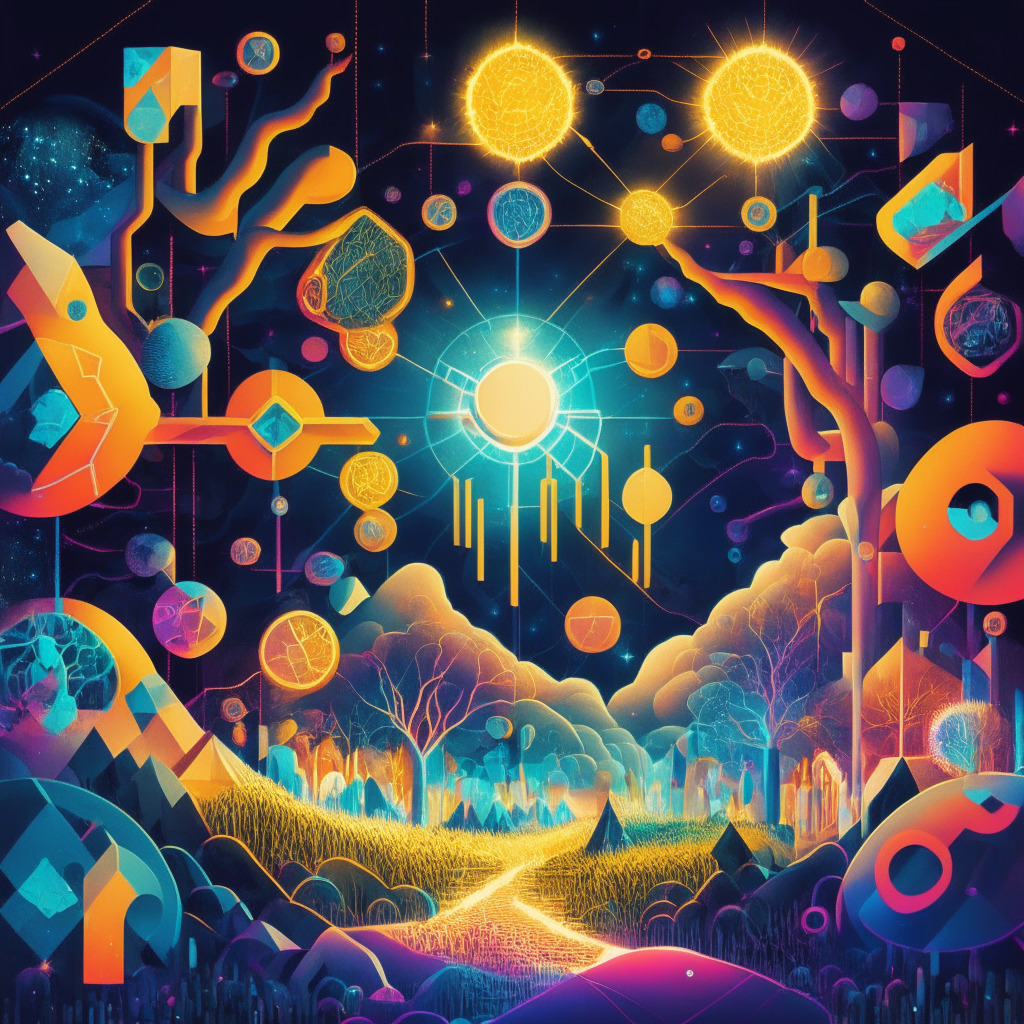 Cryptocurrency landscape with a focus on interconnected security, abstract depiction of the Cosmos ecosystem, multiple linked chains symbolizing blockchain interoperability, warm lighting showcasing growth and optimism, an artistic style that combines vivid colors with geometric forms, the mood of excitement and anticipation for cutting-edge technology and innovative potential.