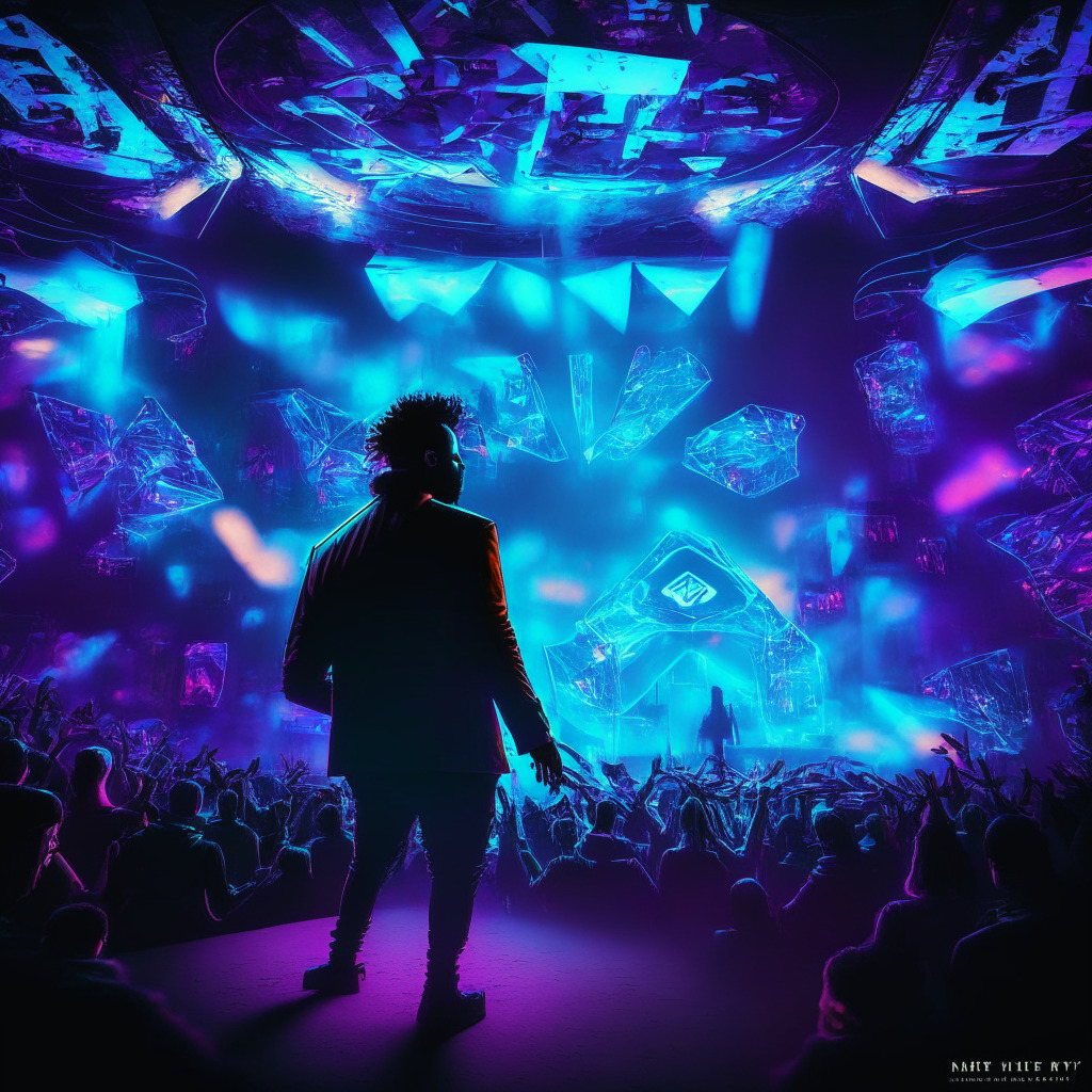Metaverse concert scene, The Weeknd performing, immersive digital world, vibrant neon lights, futuristic stage design, fans solving puzzles, scattered treasure chests, glowing NFT souvenirs, 3D Web3 atmosphere, holographic VIP experiences, moody twilight backdrop, subtle light beams, juxtaposed legal challenges, sense of excitement and uncertainty.