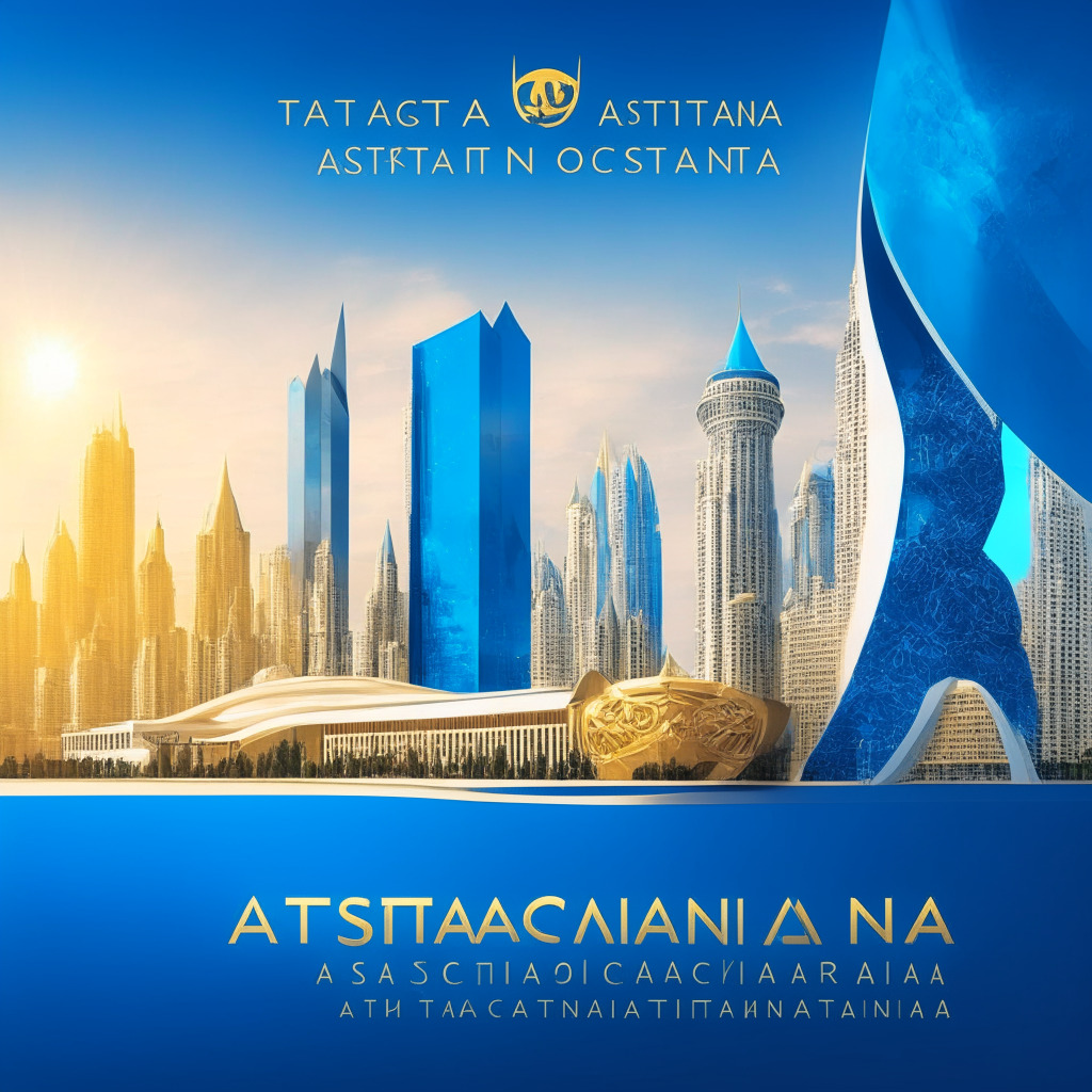 Cryptocurrency exchange, elegant Kazakhstan skyline, professional bankers and leaders at press event, Astana International Financial Center logo, secure digital asset platform, diverse crypto and fiat services, bright light of opportunity, unified global transactions, moody contrast of Western regulations, hopeful Asian market expansion.