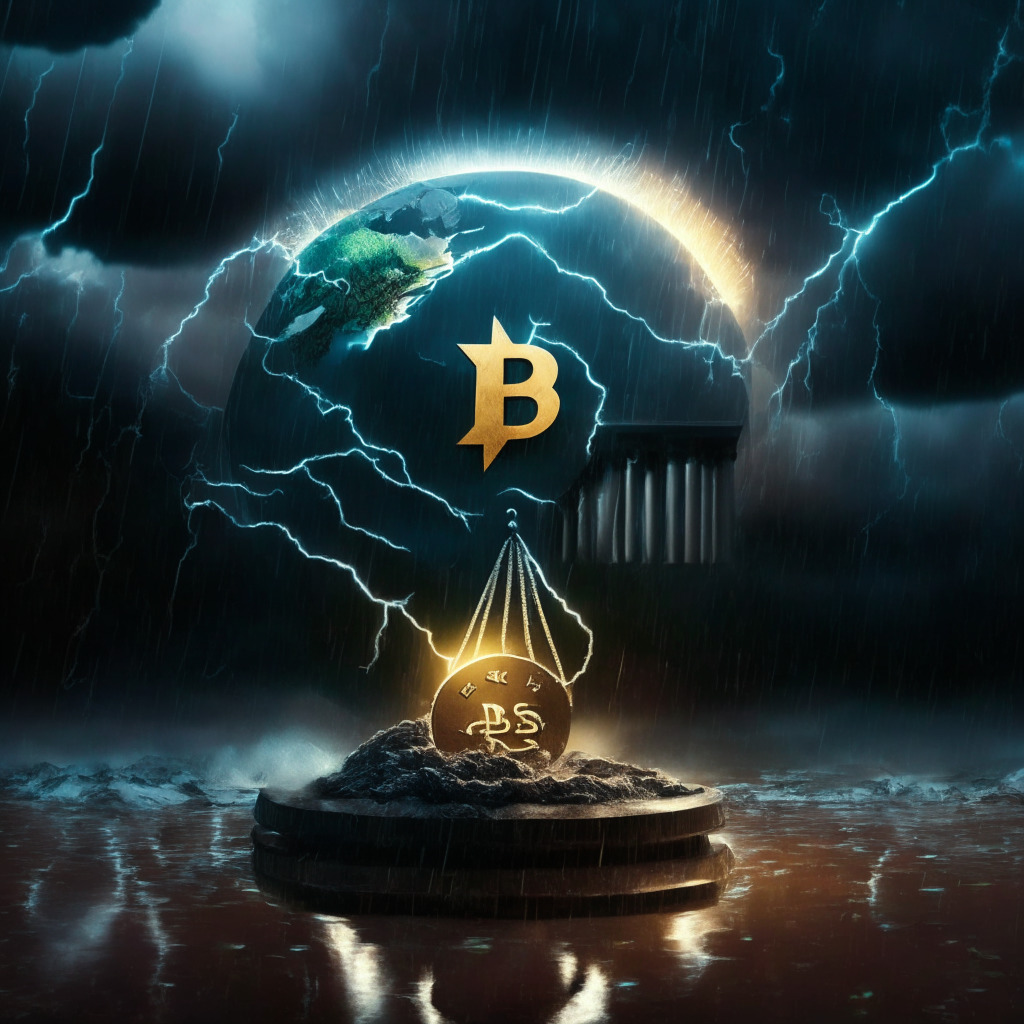 Cryptocurrency turmoil with a lawsuit, dark stormy courtroom, Ecoterra's bright future as a safe haven, earth, glowing recycling symbol, contrasting weather, hopeful sun peeking through storm clouds, balance of risk & potential gain, Web3 environment commitment, no logos/brands, 350 character limit.