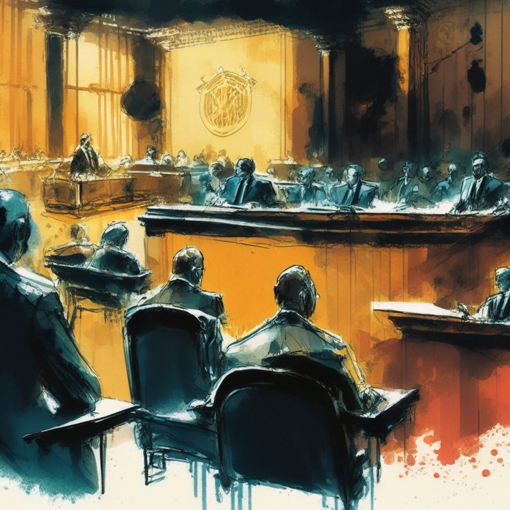Intricate courtroom scene, judge presiding over Binance lawsuit, tense atmosphere, subdued lighting, contrasting colors depicting regulation dilemma, hint of global map for expansion challenges, emphasizing trust and compliance themes, sketch or abstract painting style, mood of uncertainty.