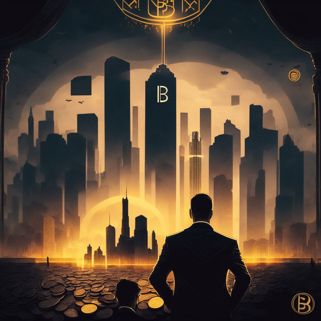 Intricate city skyline with crypto coins falling, dusk setting, chiaroscuro lighting, somber mood, allegorical courtroom in background, SEC logo on the gavel, Binance CEO portrayed with evasive eyes, investors with concerned expressions, subtle color palette emphasizing the atmosphere of uncertainty, signs of innovation & regulation coexisting.