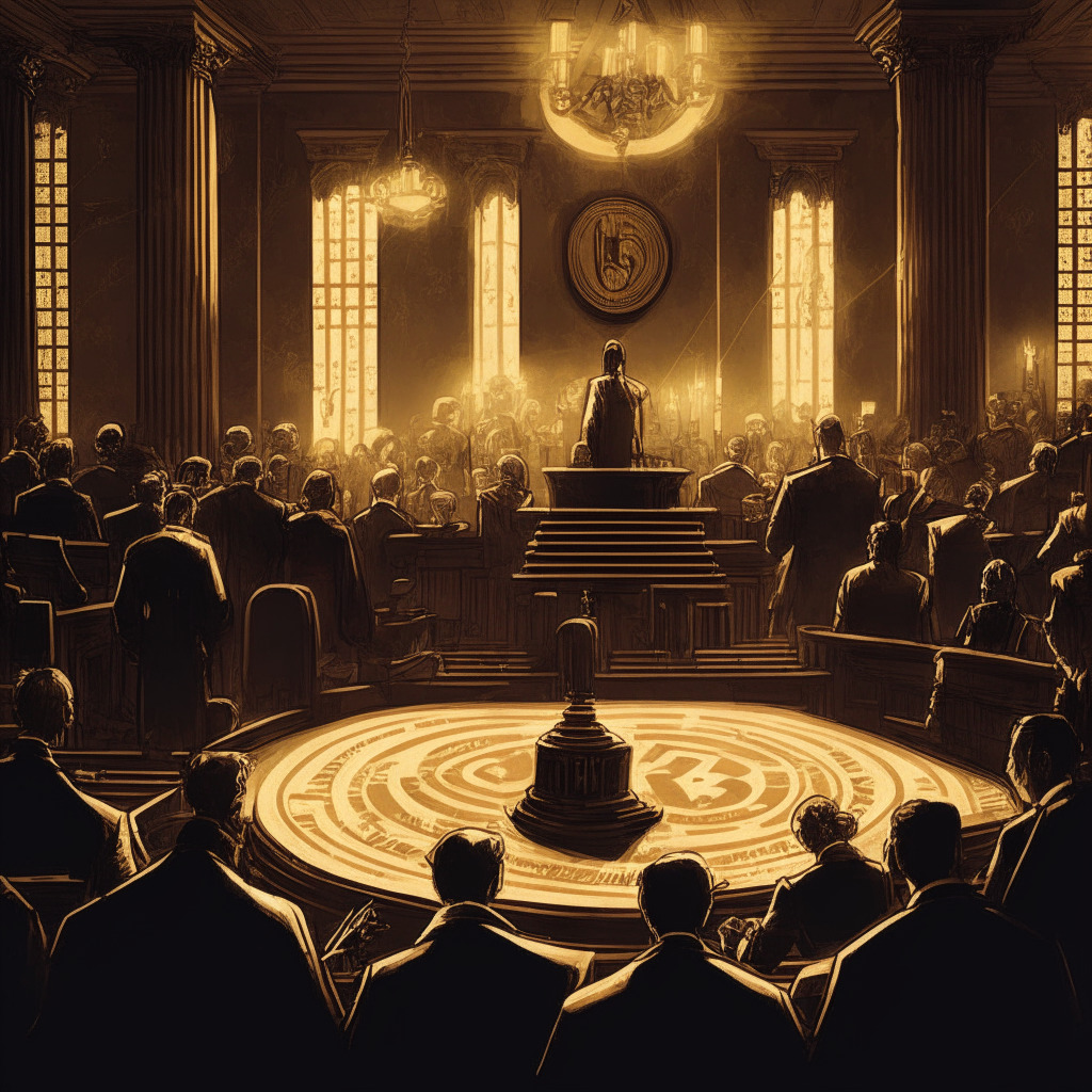 Intricate court scene, Binance CEO, SEC officials, courtroom drama, Baroque style, dimly lit vintage courtroom, tense mood, Bitcoin symbol at pivotal point, downward facing trendline, glowing $25,000 & $24,000 support levels, hints of optimism, background with interested investors, 350 characters max