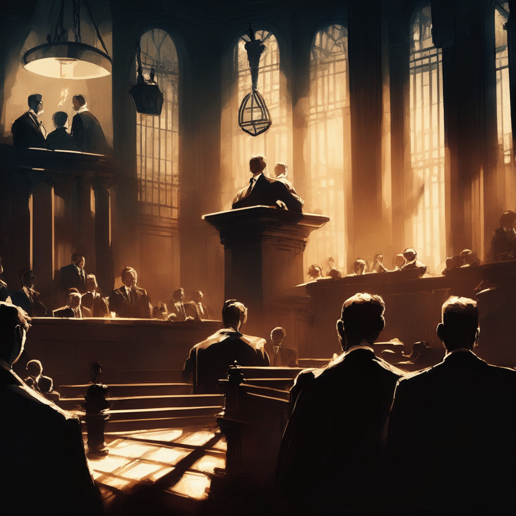 Intricate courtroom scene, contrasting light and shadow, impressionist style, tense atmosphere, diverse group of stakeholders: cryptocurrency traders, SEC representatives and Binance CEO. Focus on balance scale symbolizing protection vs. growth in the crypto market, soft ambient lighting.