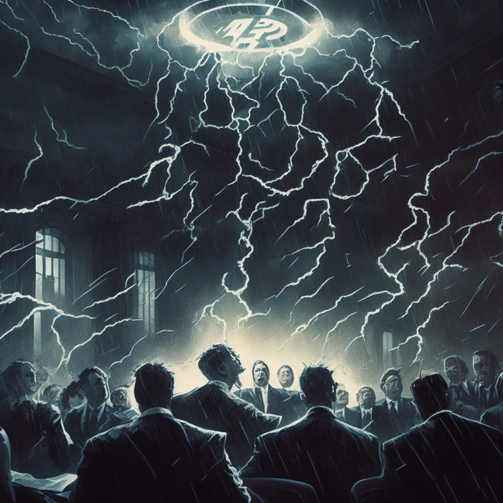 Cryptocurrency exchange courtroom drama, dark atmosphere, swirling mix of currencies and financial documents, storm brewing overhead with lightning, worried faces representing accounting firm's concerns, broken chains symbolizing loose regulations, looming shadow of SEC, eerie glow surrounding major players, mood of uncertainty and anticipation.