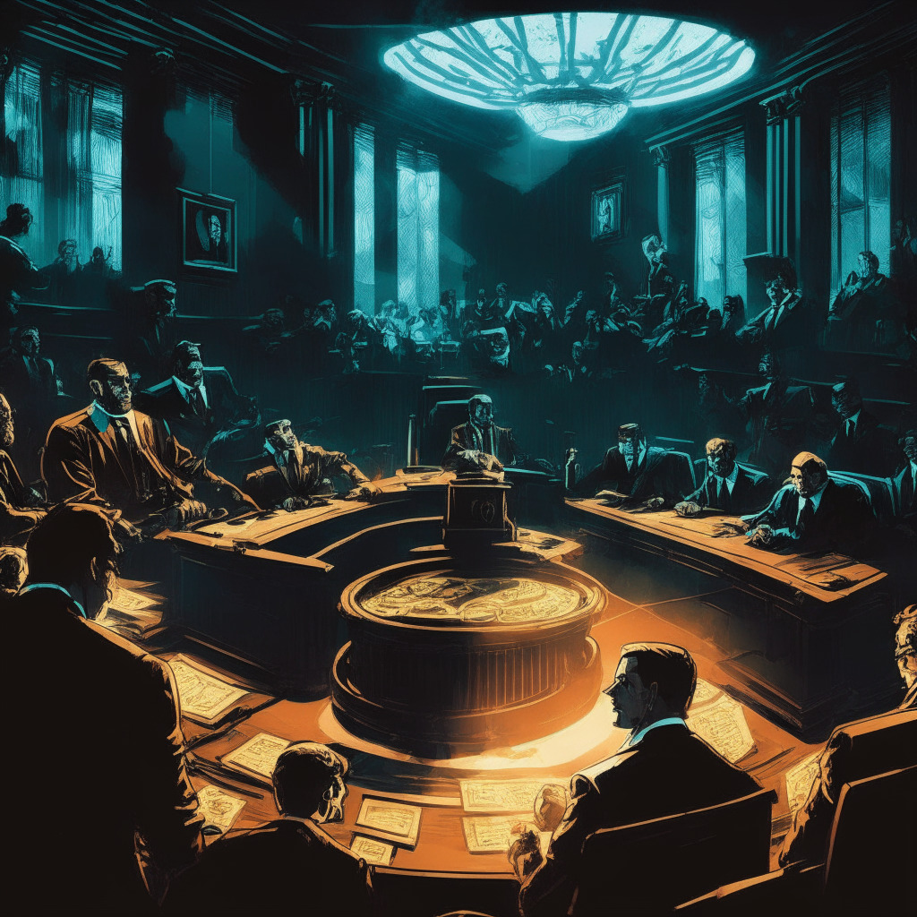 Cryptocurrency courtroom battle scene, detailed scale of justice, SEC officer, puzzled Binance CEOs, complex legal documents, dark shadows contrasting with glowing crypto coins, expressionist style, late evening courtroom with dim, warm lights, intense and complex mood, highlighting struggle for innovation & investor protection.