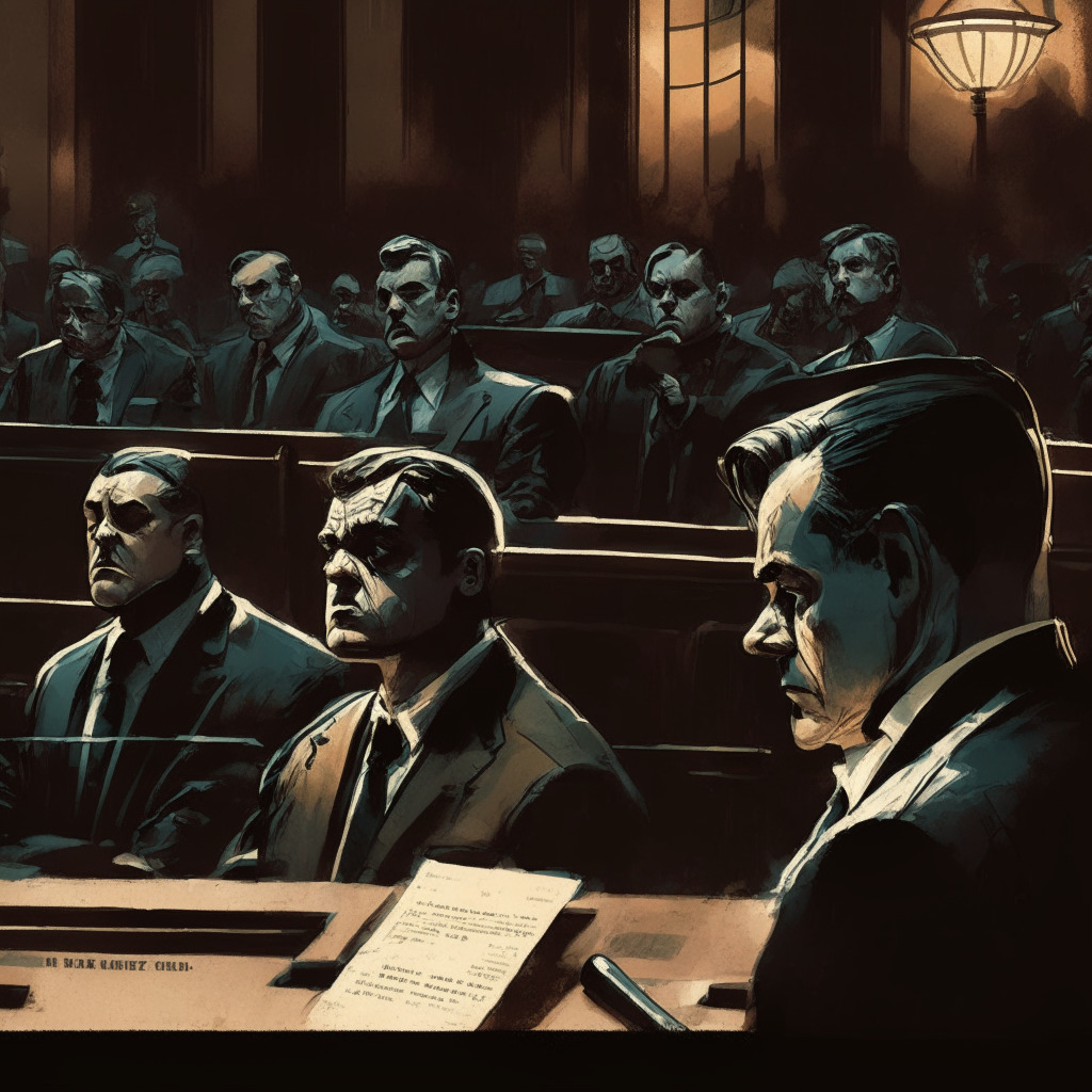 Intricate courtroom scene, tense atmosphere, dimly-lit with dramatic chiaroscuro effect, uneasy expressions on key characters' faces, a gavel symbolizing judgement, Binance vs SEC case file, contrasting central and decentralized exchange icons, underlying mood of uncertainty, insistence on compliance and adaptation in the crypto realm.