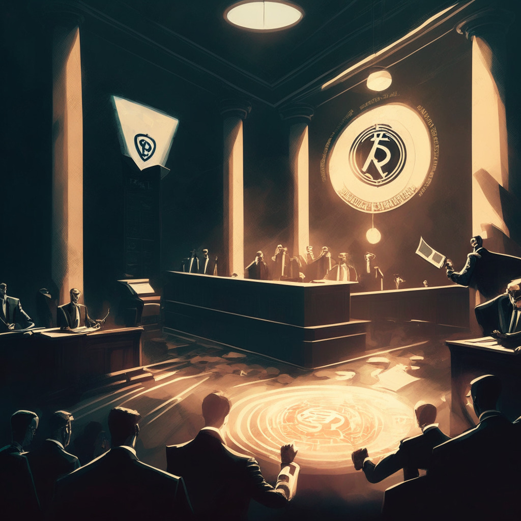 Dramatic courtroom scene, intense lighting, cryptocurrency symbols as wall art, two groups debating: one advocating for strict regulation in suit & tie, other defending innovation in casual clothing, scales of justice in center tipping towards balance, tense mood, a blend of classical & modern art styles.