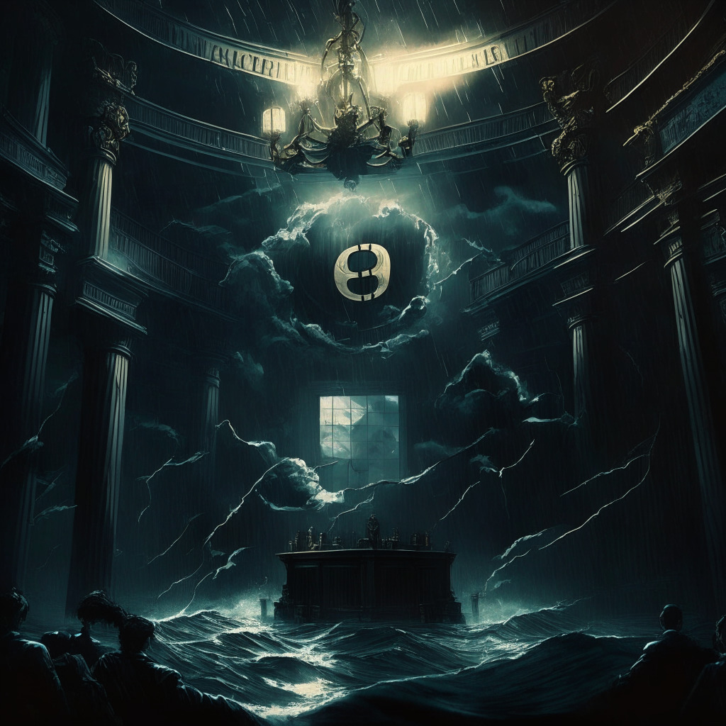 Cryptocurrency turmoil, dark stormy courtroom, Bitcoin plunging into deep ocean, altcoins struggling, shadows of Binance and SEC in the background, gloomy mood, chiaroscuro lighting, hope in form of Hong Kong and UAE emblems, baroque art style, element of uncertainty.