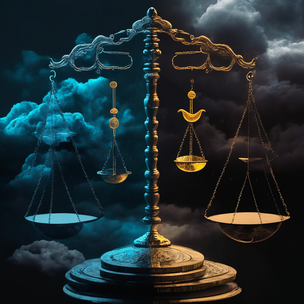 Scales of justice balancing crypto coins & fiat currency, Binance co-founder in legal spotlight, SEC and CFTC challenging Binance, Cardano, Polygon, and Solana as securities, a mix of dark stormy clouds & emerging sunrays, monochromatic color palette, tension and anticipation in the air, intricate financial web, cautious optimism for future clarity.