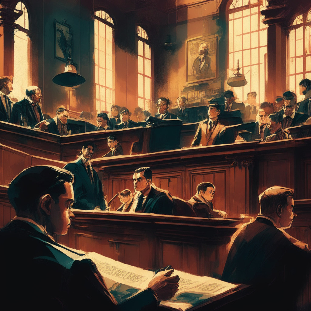 Intricate courtroom scene, tense atmosphere, SEC lawsuit, Binance CEO defending, employees observing, chiaroscuro lighting, classic painting style, vibrant color palette, bittersweet mood, Coinbase- Robinhood rivalry in background, delicate balance between innovation, safety, and regulation.