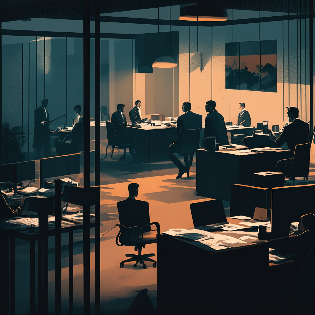 A dimly lit corporate office scene with contrasting warm and cold tones, featuring a diverse group of professionals in a dynamic hiring and layoff situation, reflecting uncertainty and change. Merging classic and modern artistic styles, the atmosphere displays determination and perseverance, embodying the resilience of the crypto industry.