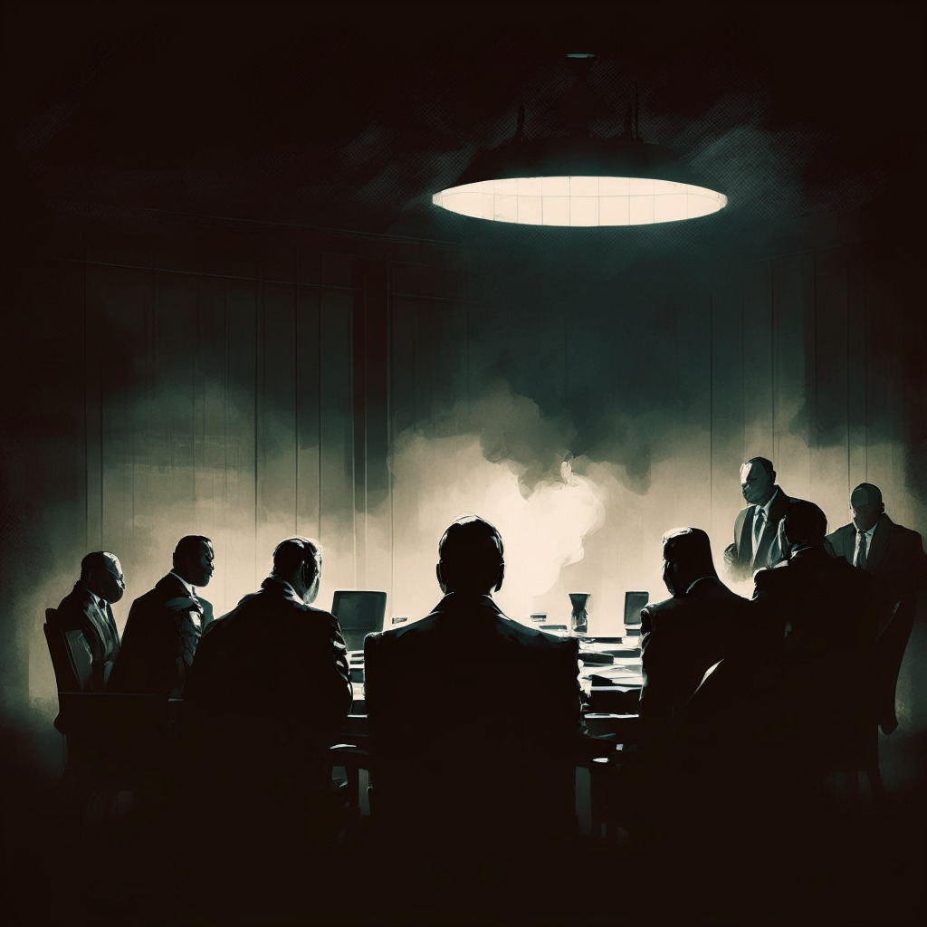 Mysterious corporate meeting, crypto industry setting, dimly lit boardroom, dramatic chiaroscuro, concerned and focused faces around a table, secret chat logs scattered, digital screens with SEC lawsuit headlines, prominent Binance executives whispering, tense and uncertain atmosphere, contrasting warm and cool tones, ethereal brushstrokes, confidential mood.