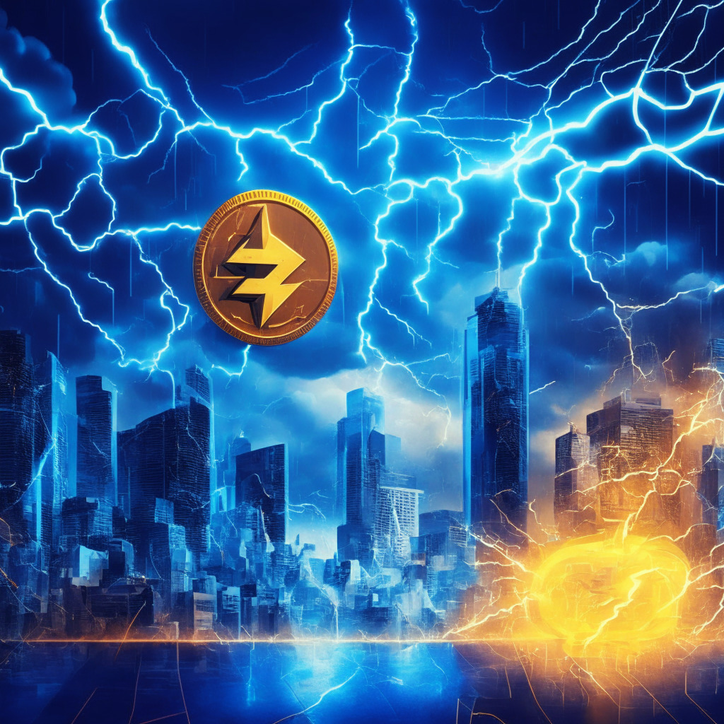Cryptocurrency exchange with Lightning network integration, futuristic city backdrop, various digital coins connected through bright lightning bolts, warm amber and cool blue color palette, dynamic composition, decentralized network vs. centralized entities tension, mood of innovation and cautious optimism.