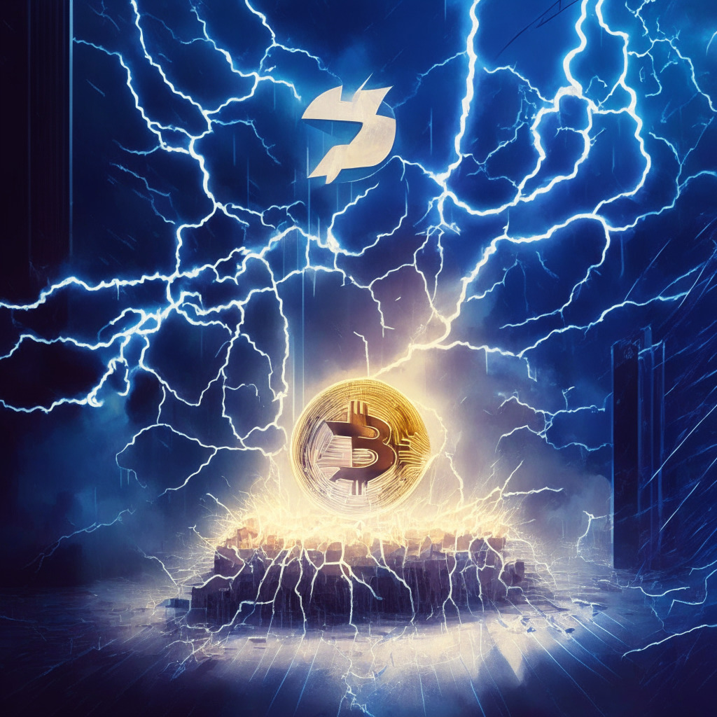 Cryptocurrency exchange with Lightning Network integration, low transaction fees, faster processing, and growing popularity, balanced composition, contrasting light and shadow, a touch of futurism and impressionism, mood of cautious optimism and technological progress, hint of centralization debate backdrop.