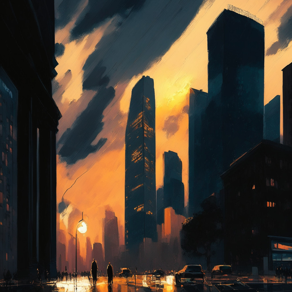 Sunset-lit financial district, ominous clouds hover, a once-dominant building shrunken among rising skyscrapers, crypto coins scattered on the ground, worried expressions on traders' faces, shadowy regulatory figures loom, a prevalent mood of uncertainty and adaptation, painted in impressionist style.