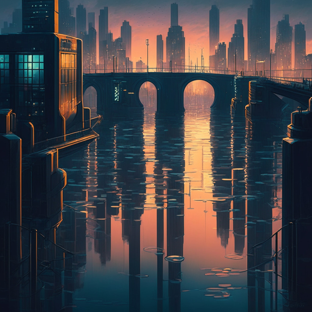Intricate cityscape at dusk, smooth, flowing lines forming buildings & bridges, muted colors, glowing streetlights, looming shadow of a giant padlock, contrasting emotions: excitement & uncertainty, energetic crypto enthusiasts, hesitant regulators, balance between innovation & regulation, reflections on serene water surface.