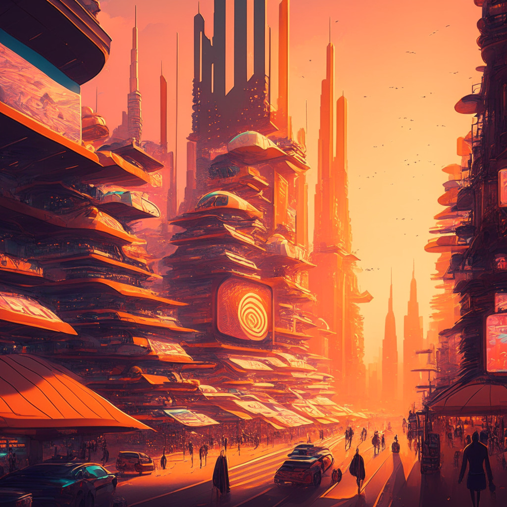 Intricate cityscape in warm sunset hues, futuristic LATAM marketplace bustling with activity, diverse merchants & customers, digital currency symbols & transactions floating, seamless integration of traditional & crypto worlds, vibrant atmosphere echoing progress, optimism, and innovation, subtle cautionary undertone.