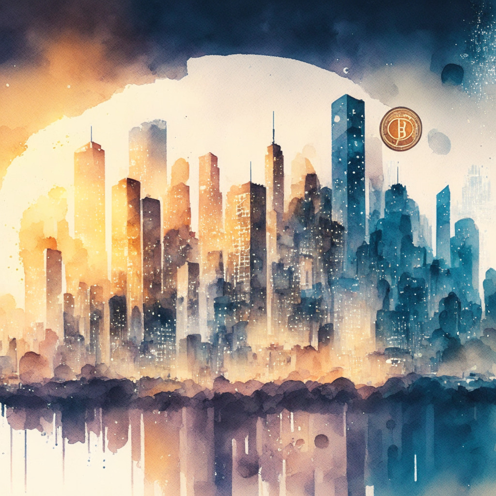Cryptocurrency exchange amidst regulations, European city skyline at dusk, textured watercolor, low-key lighting, subdued hues, sense of adaptability and compliance, delisting and reversal decision, interconnected coins representing privacy tokens, evolving regulatory landscape, transparent gears symbolizing user feedback and timely decisions.