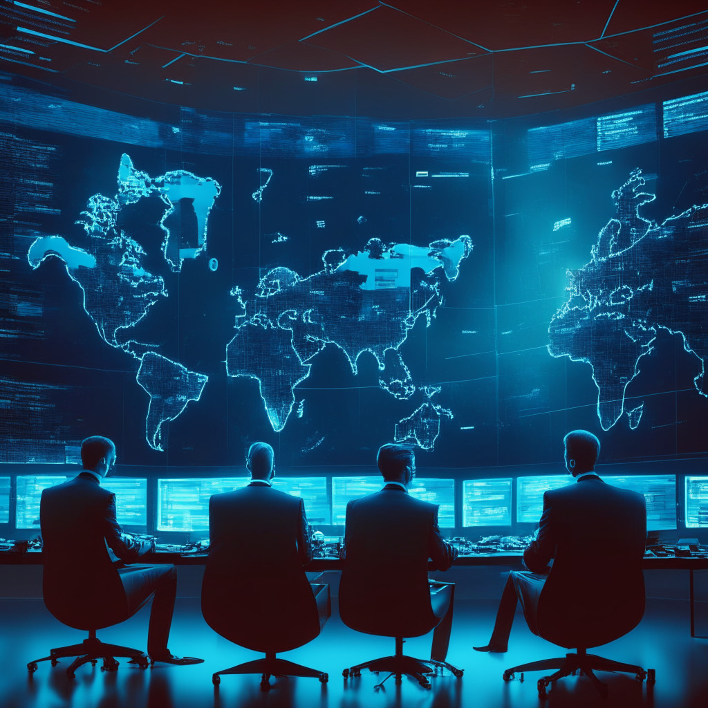Cryptocurrency exchange reverses privacy coin delisting, EU regulatory compliance, evening light setting, abstract digital art, mood of cautious optimism. Scene: Officials in a futuristic office discussing EU regulations, privacy coins displayed on screens, glowing global map highlighting EU countries.