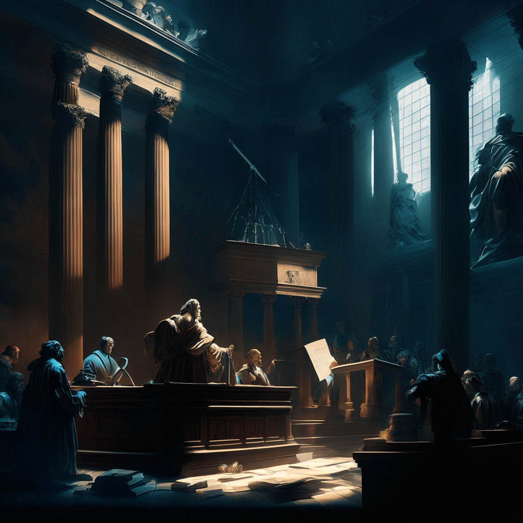 Prompt: Intricate courtroom scene, crypto exchange on trial, allegorical figures of investment and regulation, chiaroscuro lighting, Baroque-inspired, solemn mood, hope and uncertainty intermingled, fate of cryptocurrency market reliant on verdict.