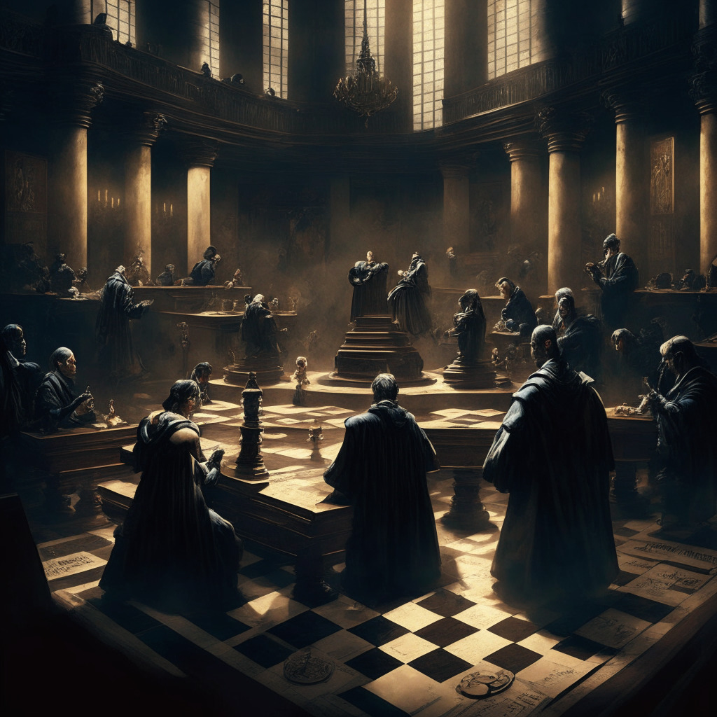 Intricate courtroom scene, scales of justice, crypto coins, Tai Chi symbol, chess pieces, dramatic chiaroscuro lighting, Renaissance style, SEC & Binance protagonists engaged in verbal duel, anxious crypto community observing, suspenseful & intense atmosphere, metaphorical representation of regulatory uncertainty.