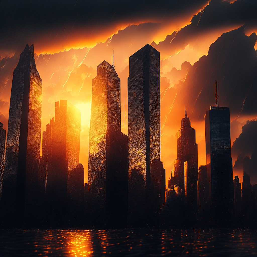 Sunset over a stormy financial district, dark clouds lifting, golden rays highlighting resilient skyscrapers, warm tones, intricate patterns on reflective glass surfaces, investors regrouping amid market dip, sense of optimism, a glowing crypto coin at the heart, contrasting cryptocurrency market trends, low volatility, enigmatic mood.