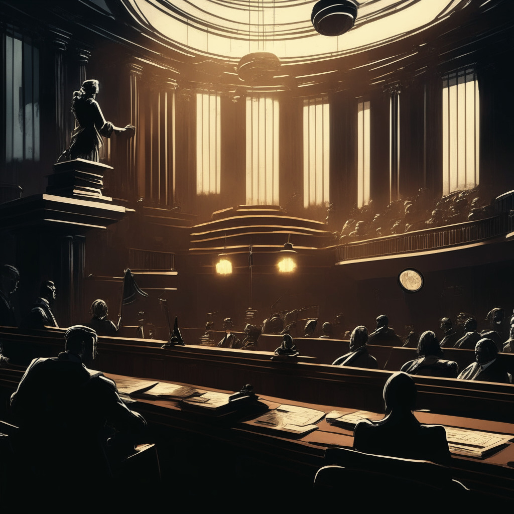 Larger-than-life courtroom drama, Binance & SEC dispute, $70 billion funds movement, Silvergate Bank & Signature Bank bankruptcy, questions of transparency, dimly lit with film noir aesthetic, juxtapose modern crypto industry & traditional banking, somber mood, for image, emphasize regulations debate impact on crypto and financial institutions.
