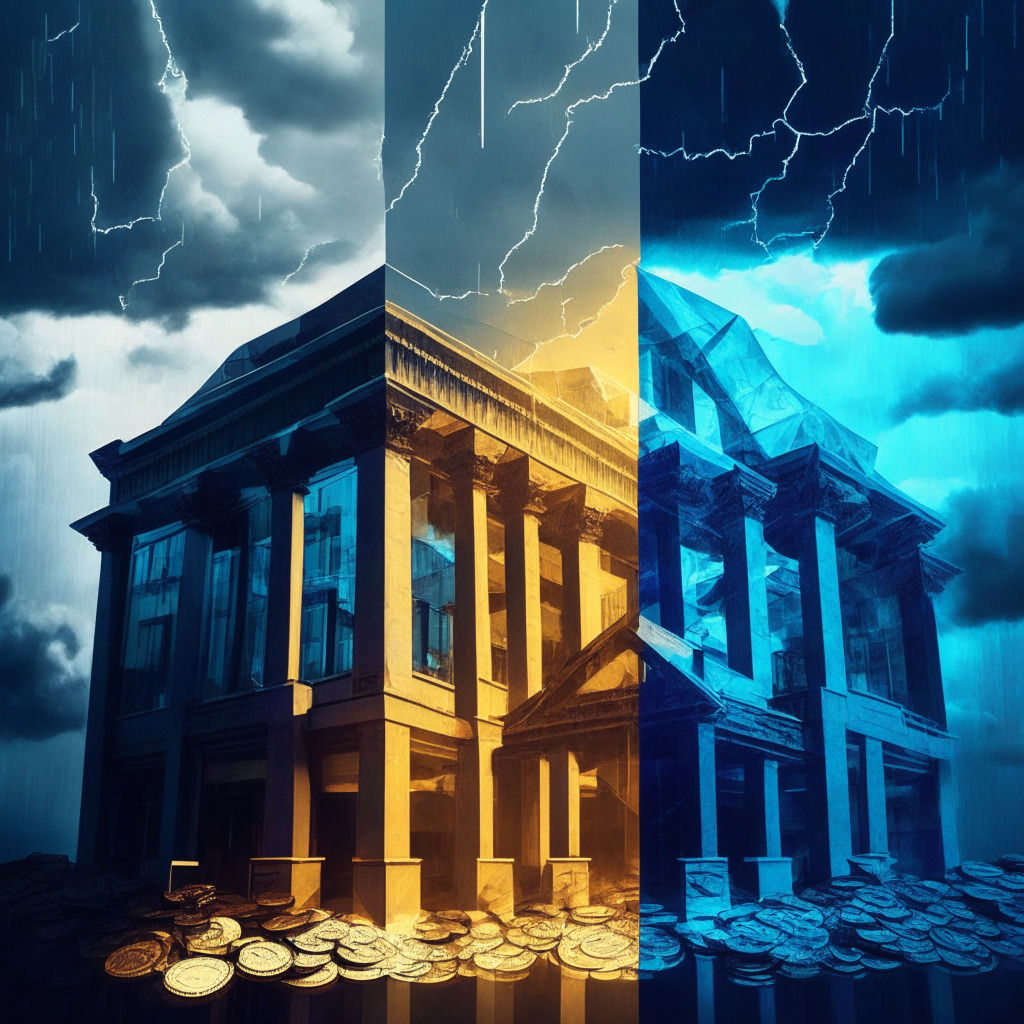 Cryptocurrency exchange debate, intricate traditional vs modern building design, split light & dark contrast, turbulent sky, dramatic shadows, tense mood, SEC lawsuit document, vibrant colored Ethereum & Bitcoin coins, concerned investors' expressions, cautious optimism, balance scale representing regulation and innovation.