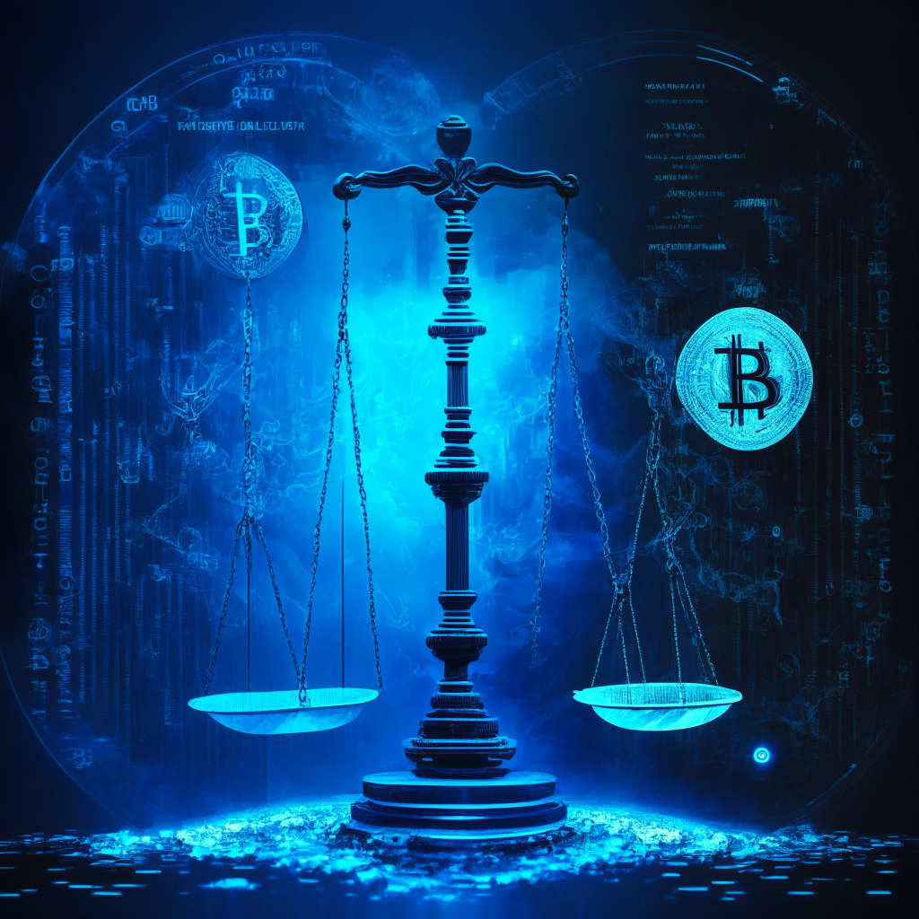 Cryptocurrency regulation contrast: Scales of justice, SEC vs Binance, shadowy figures exchanging large sums, intricate digital web background, tension in the air, soft glowing light, grayscale with a touch of blue, a balance between investor protection and innovation, thought-provoking mood.