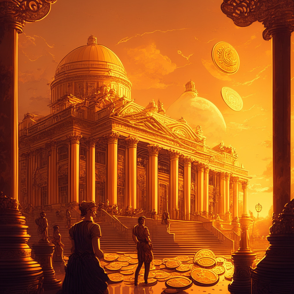 Intricate crypto-exchange scene, ornate gold coins, art nouveau style, warm golden-hued light, Brazilian parliamentary building background, increased scrutiny and regulation mood, evening sky with soft orange hues, contrast between innovation and regulation, detailed expressions of concern and curiosity.