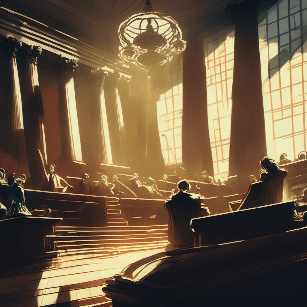 Crypto exchange under regulatory scrutiny, introducing Spot DCA feature, intricate modern-art style courtroom drama, contrasting light and shadow emphasizing tension, hint of impressionism, somber mood, swirling patterns representing market volatility, serene area symbolizing dollar-cost averaging.
